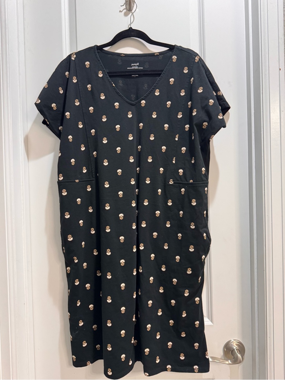 J. Jill Purejill Black Floral A-line Dress Large Round Neck Short Sleeve Pockets